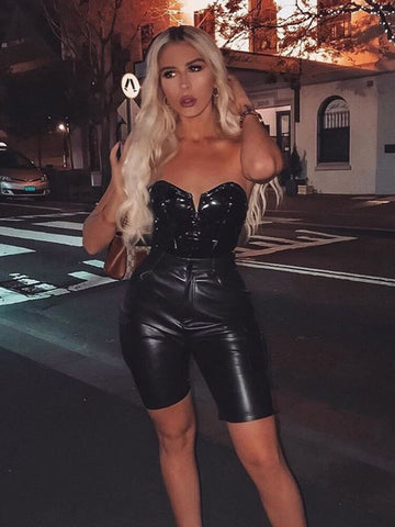 Yipinpay PU Leather Strapless Sexy Women Bodysuit Off Shoulder V-Neck Summer Romper Women Backless Black Ladies Bodysuit Top